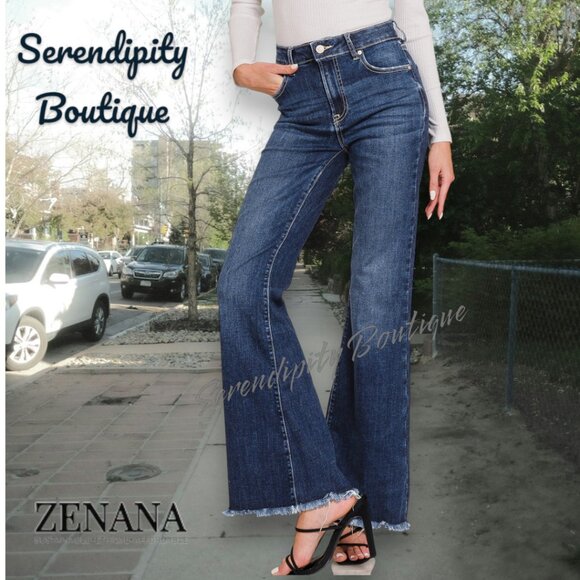 Zenana Super Stretch High Rise Bell Bottom Retro 70s Dark Wash Jeans - Picture 9 of 16